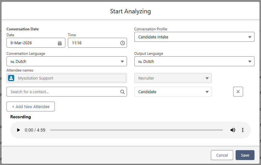 The Start Analyzing popup where you configure the conversation details